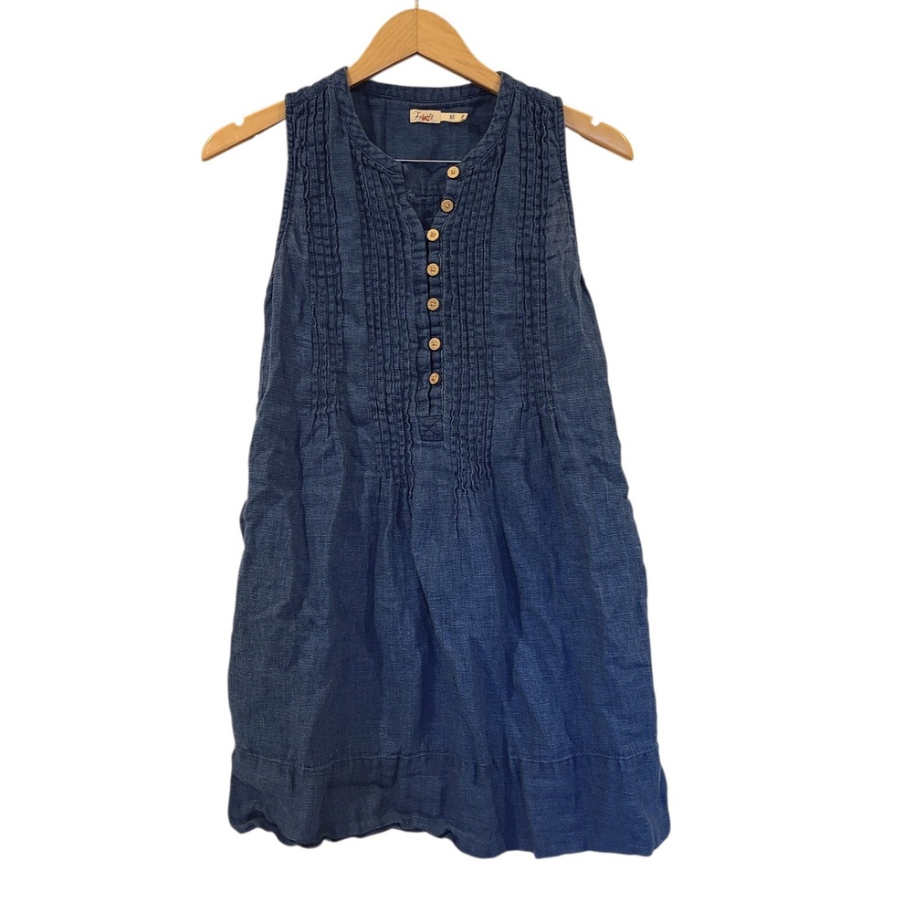 Faherty Womens Blue‎ 100% linen Pintuck Pop Over Sleeveless Mini Dress XS casual - Picture 2 of 9